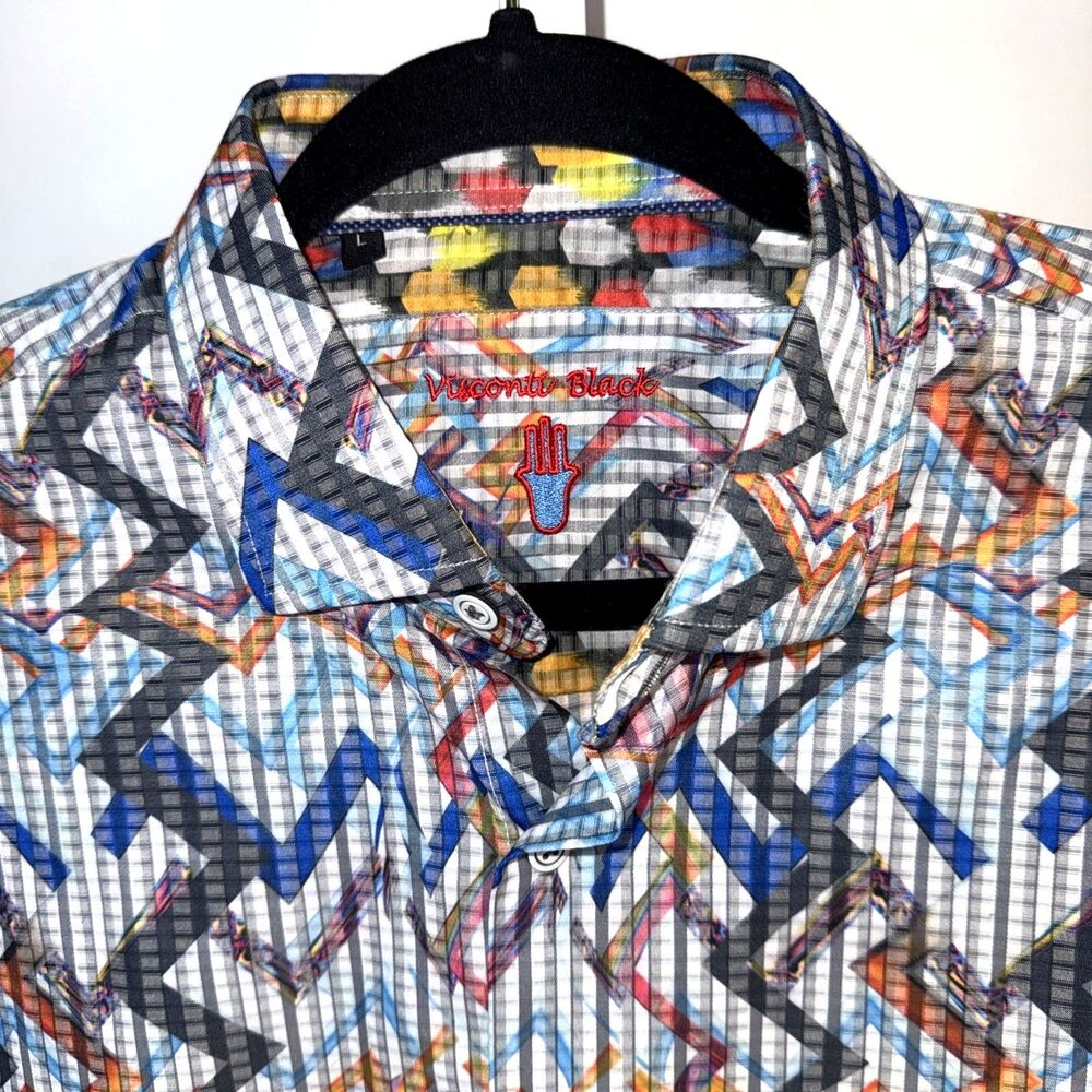 Visconti Black Long Sleeve Shirt Mens Large $145.00 Geometric Chevron Rainbow
